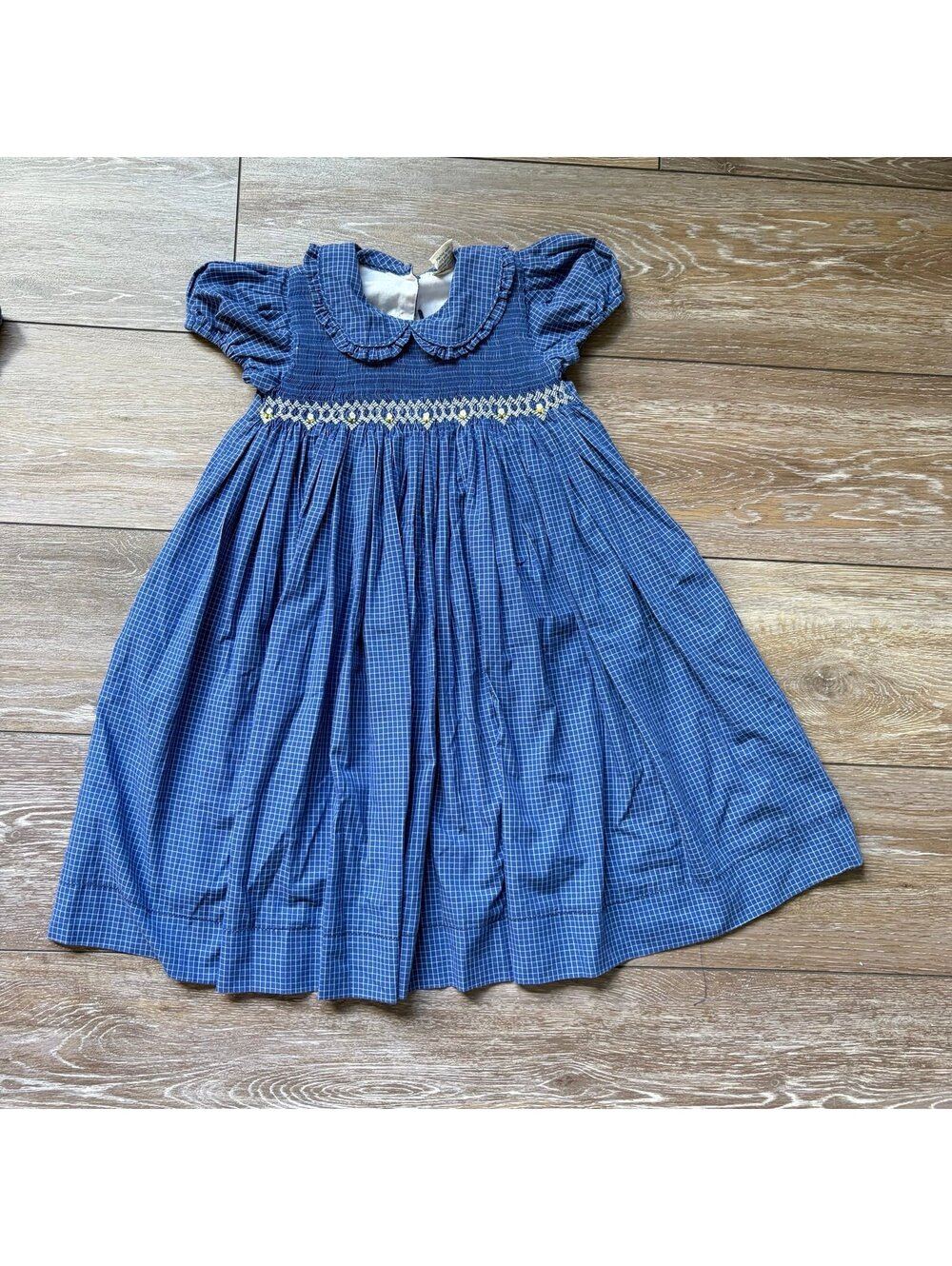 Vintage Angel’s Kids Hand Smocked Blue Check Peter Pan Collar Dress Girls Size 4